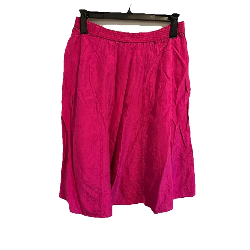 Vtg Diane Gilman Women 100% silk  integrated smocked waistband L‎ Hot Pink Midi
